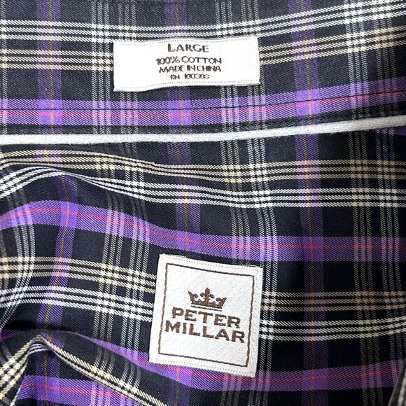 Peter Millar Shirt Mens Large Purple Plaid 100% Cotton Button Down Casual Pocket - Picture 8 of 10